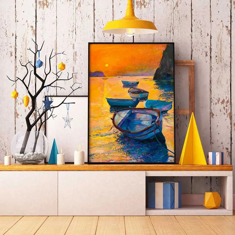 A colorful framed painting of boats on water at sunset is displayed on a wooden shelf, surrounded by candles, geometric decor, and a decorative tree with yellow ornaments, against a rustic wooden wall.