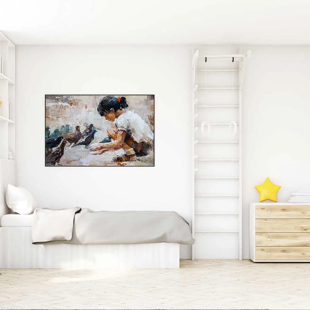 A minimalist bedroom with a white bed, light wood furniture, and a wall-mounted painting of a girl feeding birds. There is a yellow star cushion on a dresser and a white indoor climbing ladder beside it.