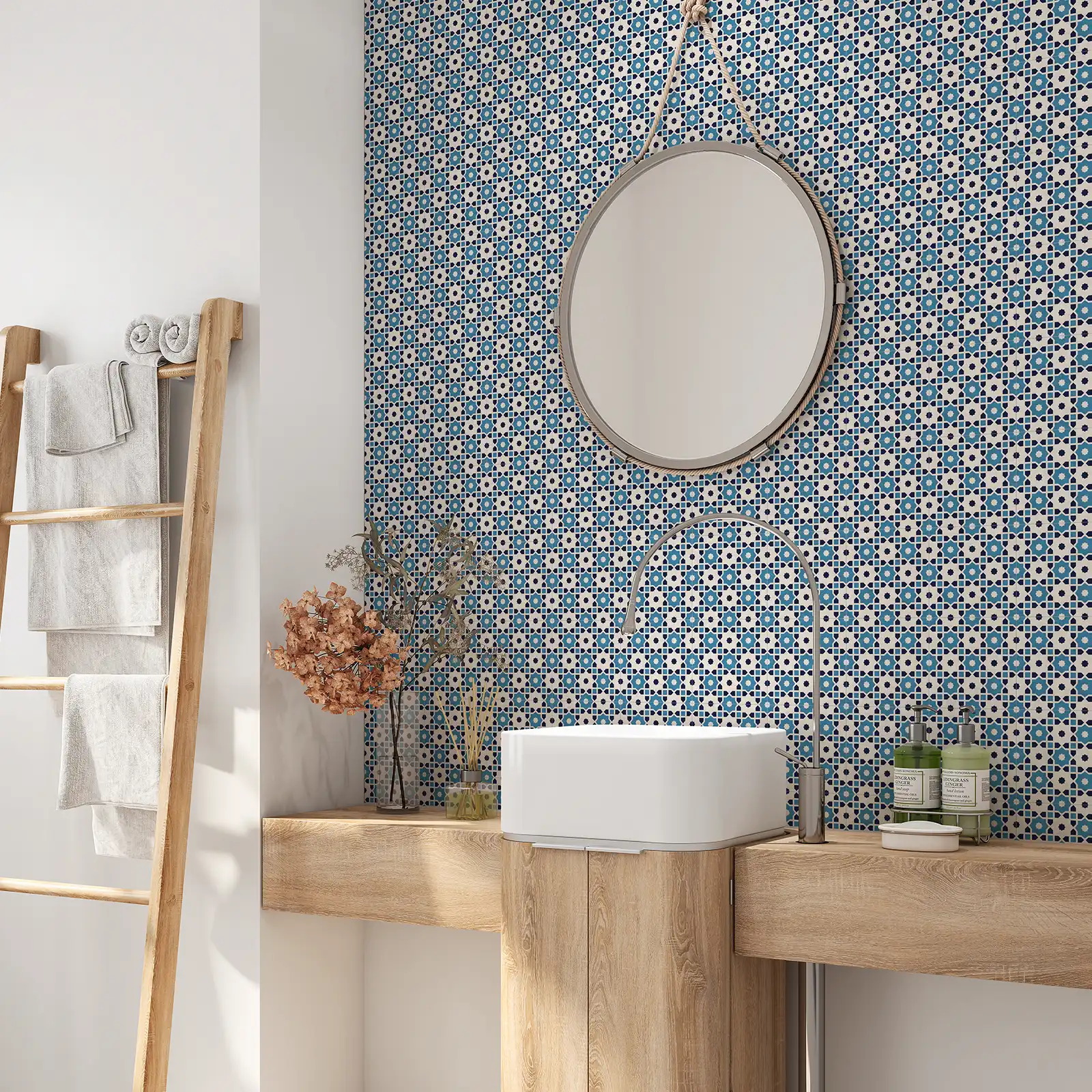 Peel and stick tile stickers - Abstract Geometric Mosaic Pattern, Marbled Tiles In Moorish Style