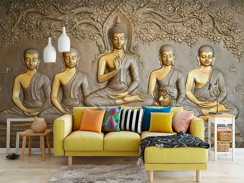 Buddha Wooden Carving Wall Mural – Spiritual Wall Art for Meditation and Serenity, merawalaprint. mera wala print