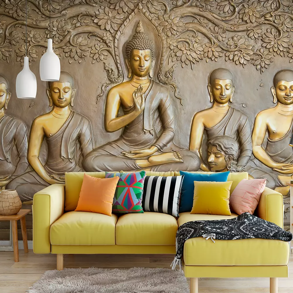 Buddha Wooden Carving Wall Mural – Spiritual Wall Art for Meditation and Serenity, merawalaprint. mera wala print