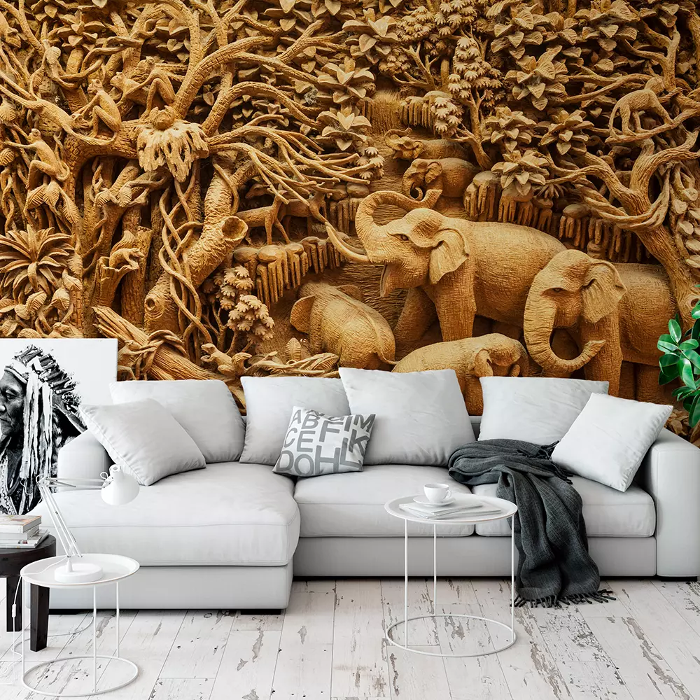 Carved Thai Elephant on the Wood – Exquisite Handcrafted Wooden Wall Art, merawalaprint. mera wala print