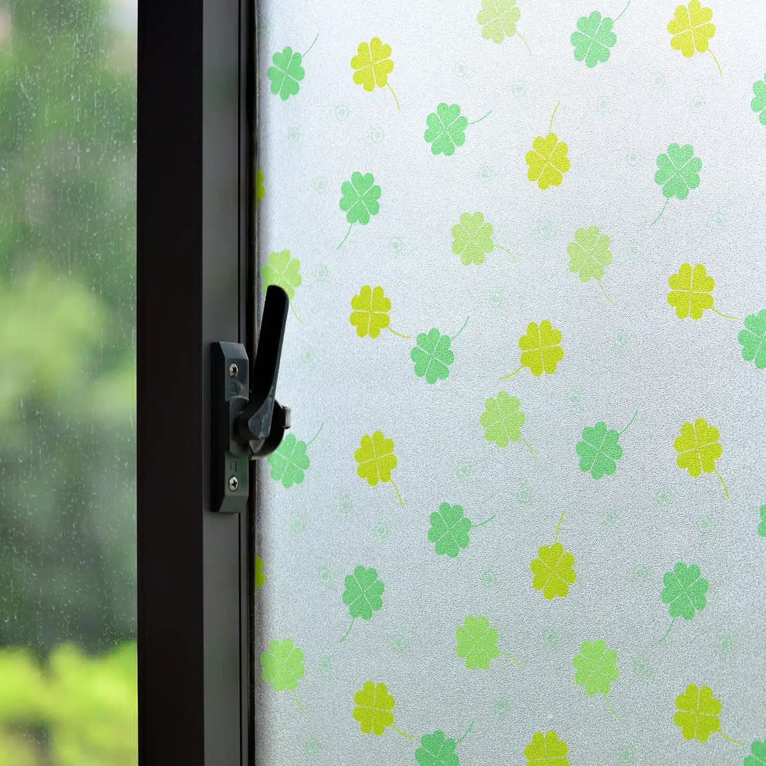 Frosted glass film with printed privacy graphics on an office partition
