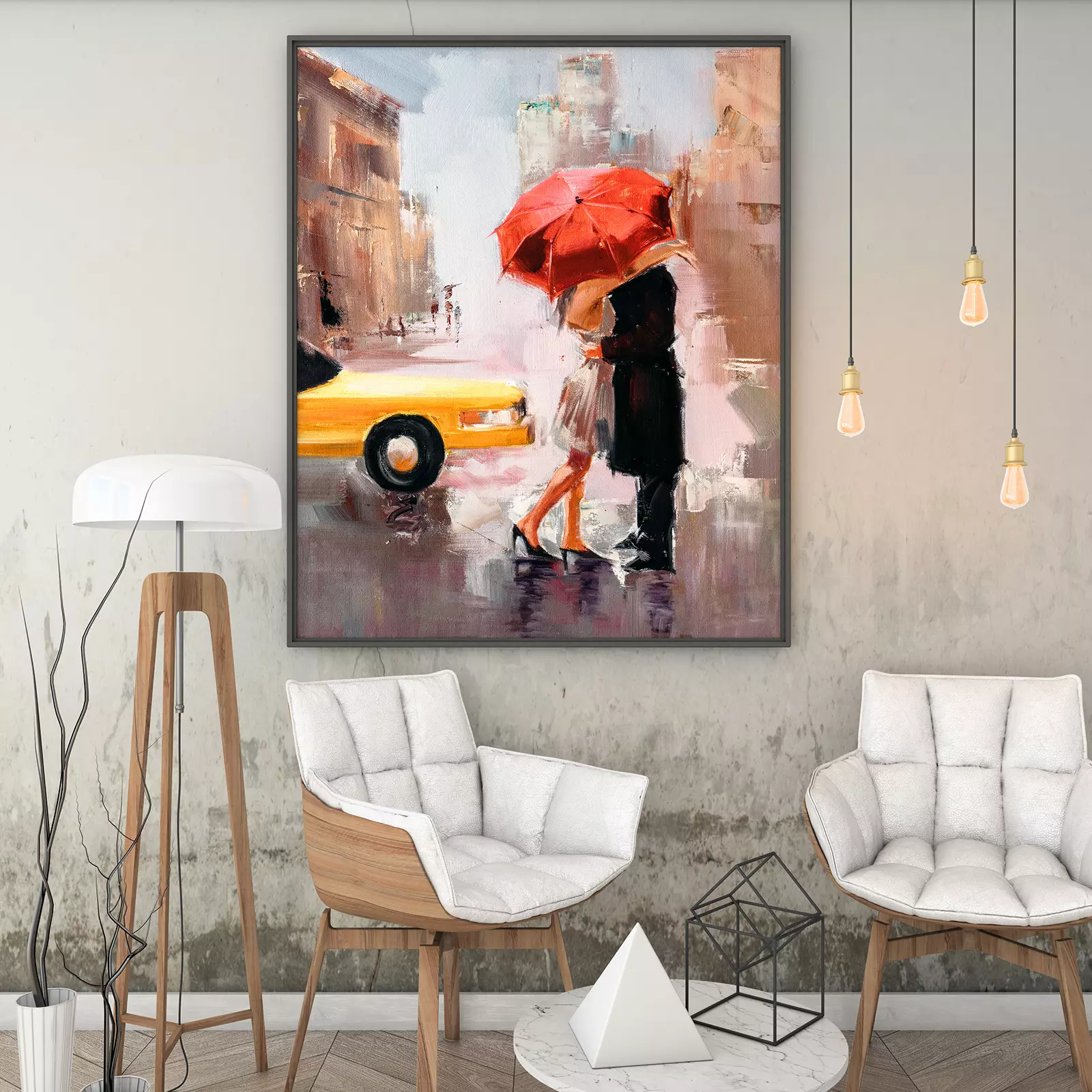 Oil Painting, Couple Under The Red Umbrella On Street