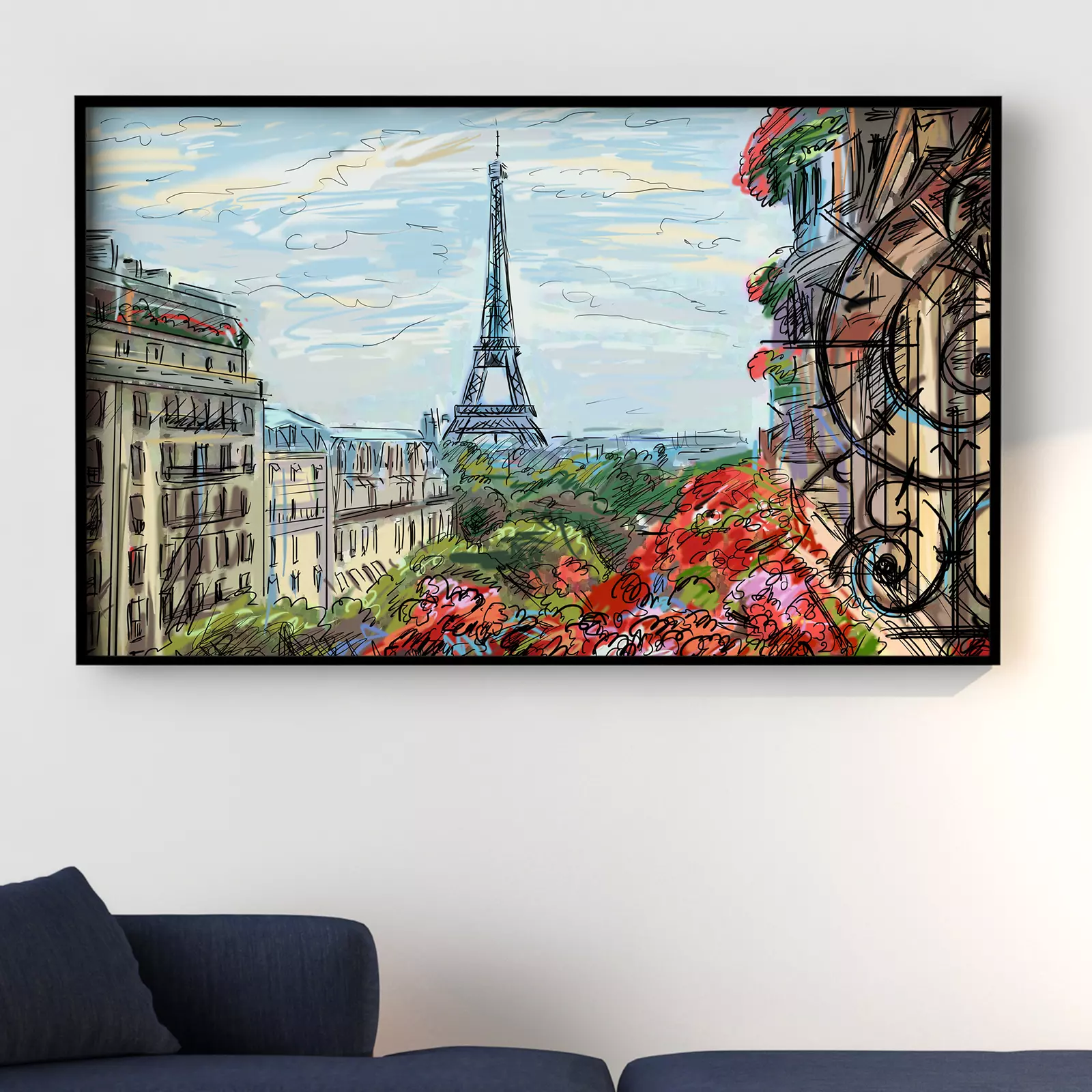 Street illustration of Eiffel tower with trees on street