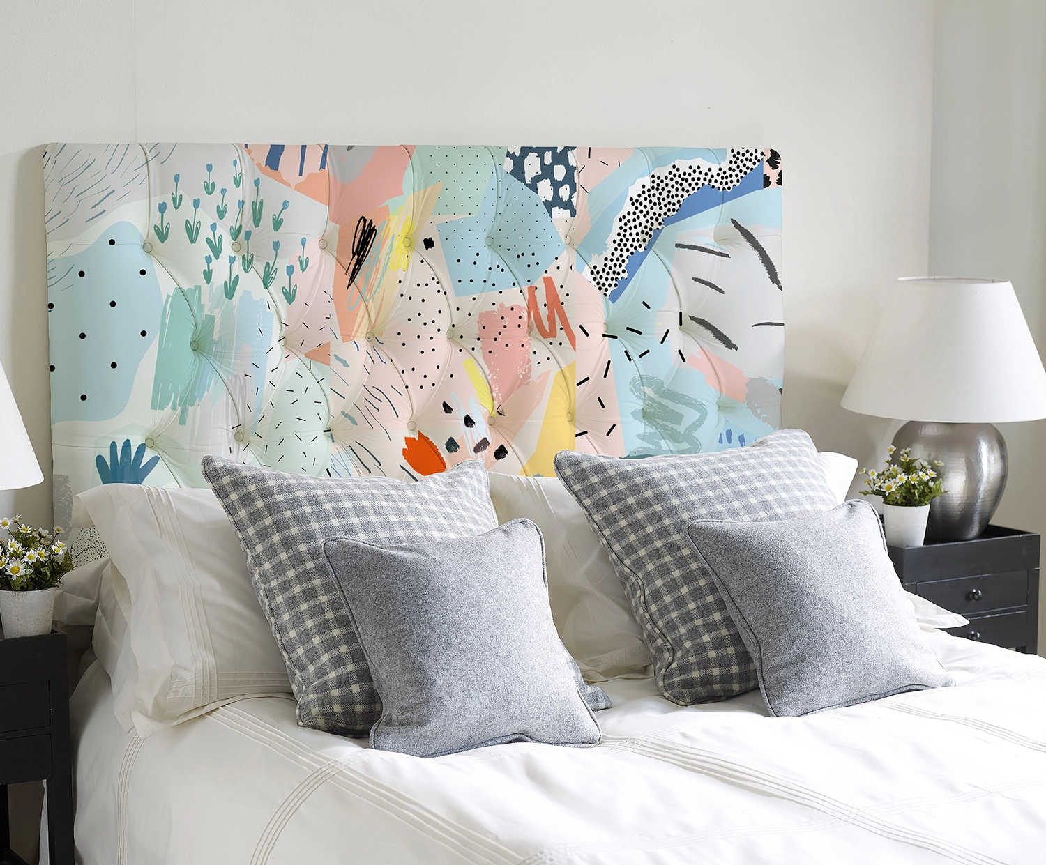 Custom printed smooth leatherette headboard in an interior