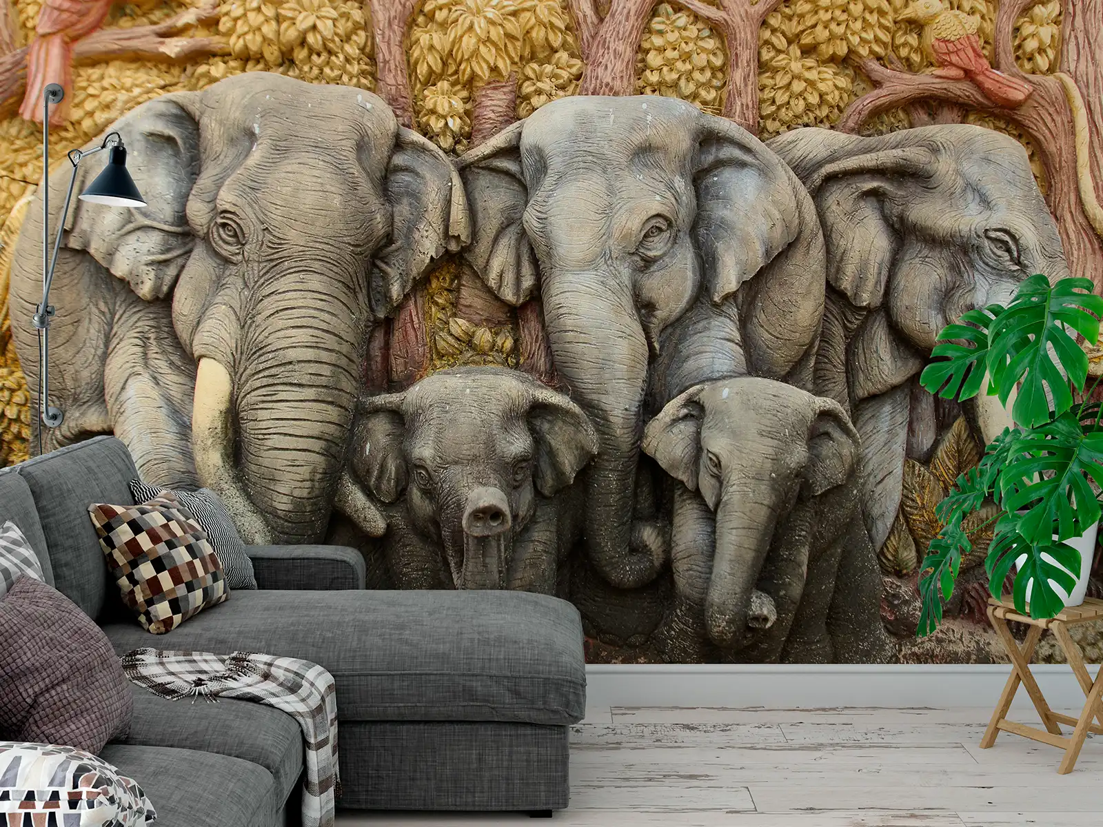 3D ELEPHANTS ON PLASTER WALL merawalaprint. mera wala print