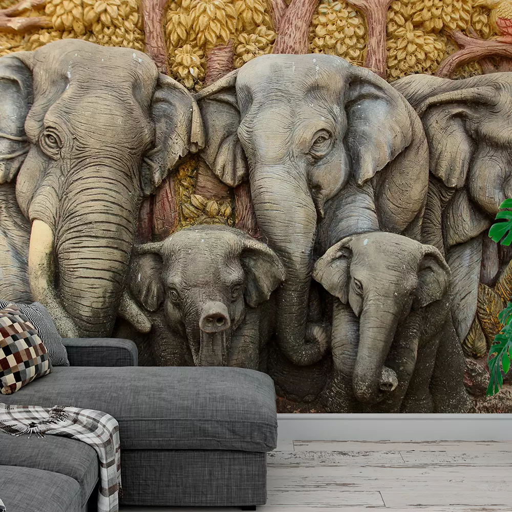 3D ELEPHANTS ON PLASTER WALL merawalaprint. mera wala print