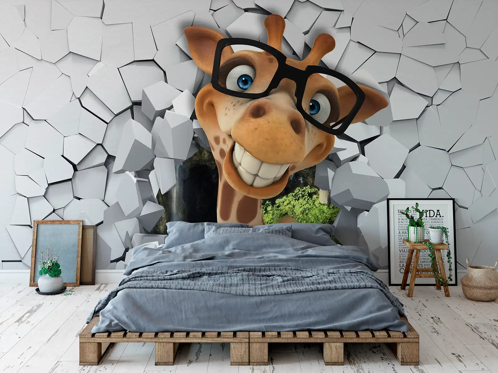 3D cartoon giraffe breaking through a wall design. merawalaprint. mera wala print