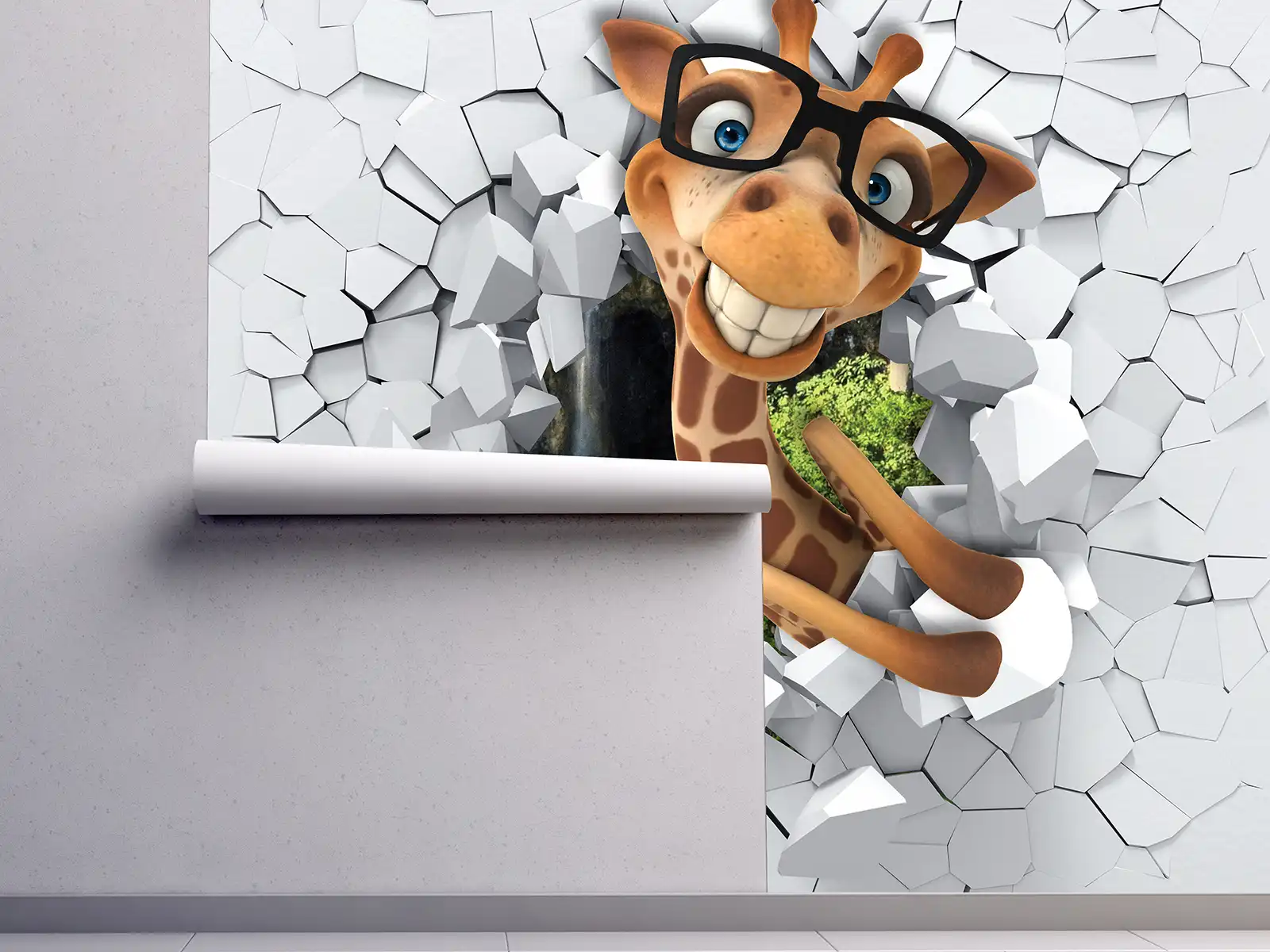 3D cartoon giraffe breaking through a wall design. merawalaprint. mera wala print