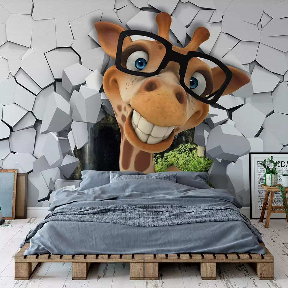 3D cartoon giraffe breaking through a wall design. merawalaprint. mera wala print