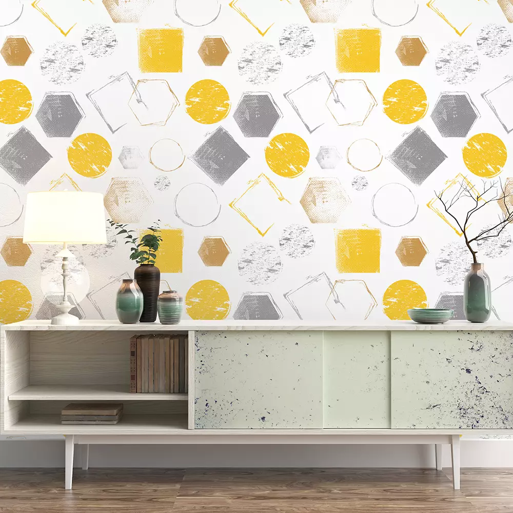 Grunge Geometric Shapes Wallpaper – Yellow & Gray Abstract Pattern on White Background, merawalaprint. mera wala print