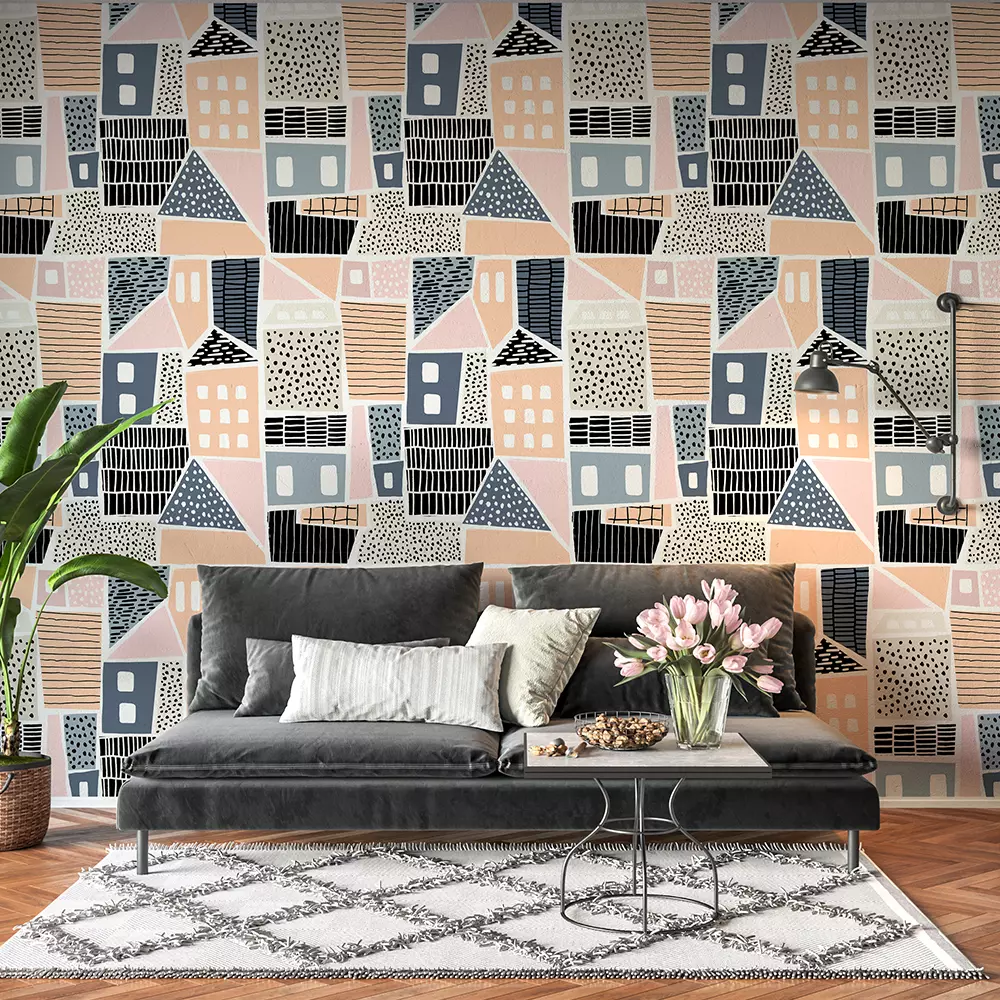 Abstract Houses Wallpaper – Seamless Hand-Drawn Pattern for Bedroom Walls, merawalaprint. mera wala print