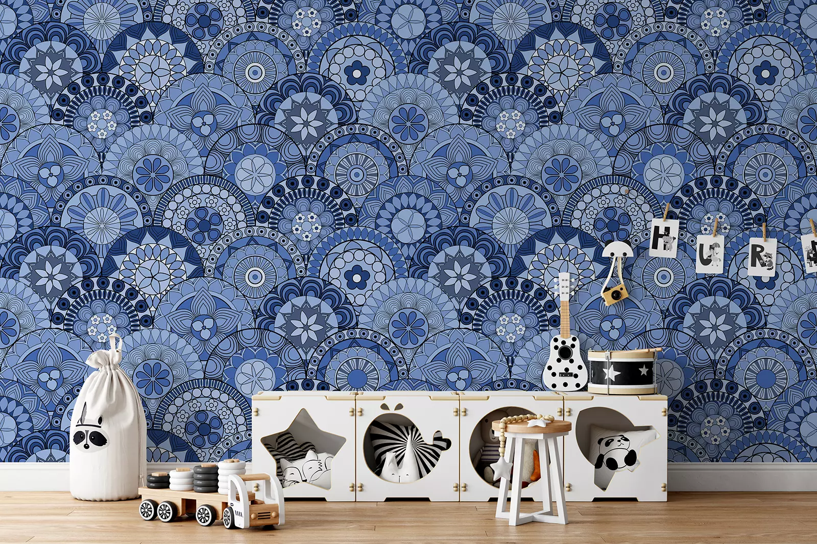 Blue Mandala Pattern – Sober and Elegant Wall Design for Grey & Blue Interiors, merawalaprint. mera wala print