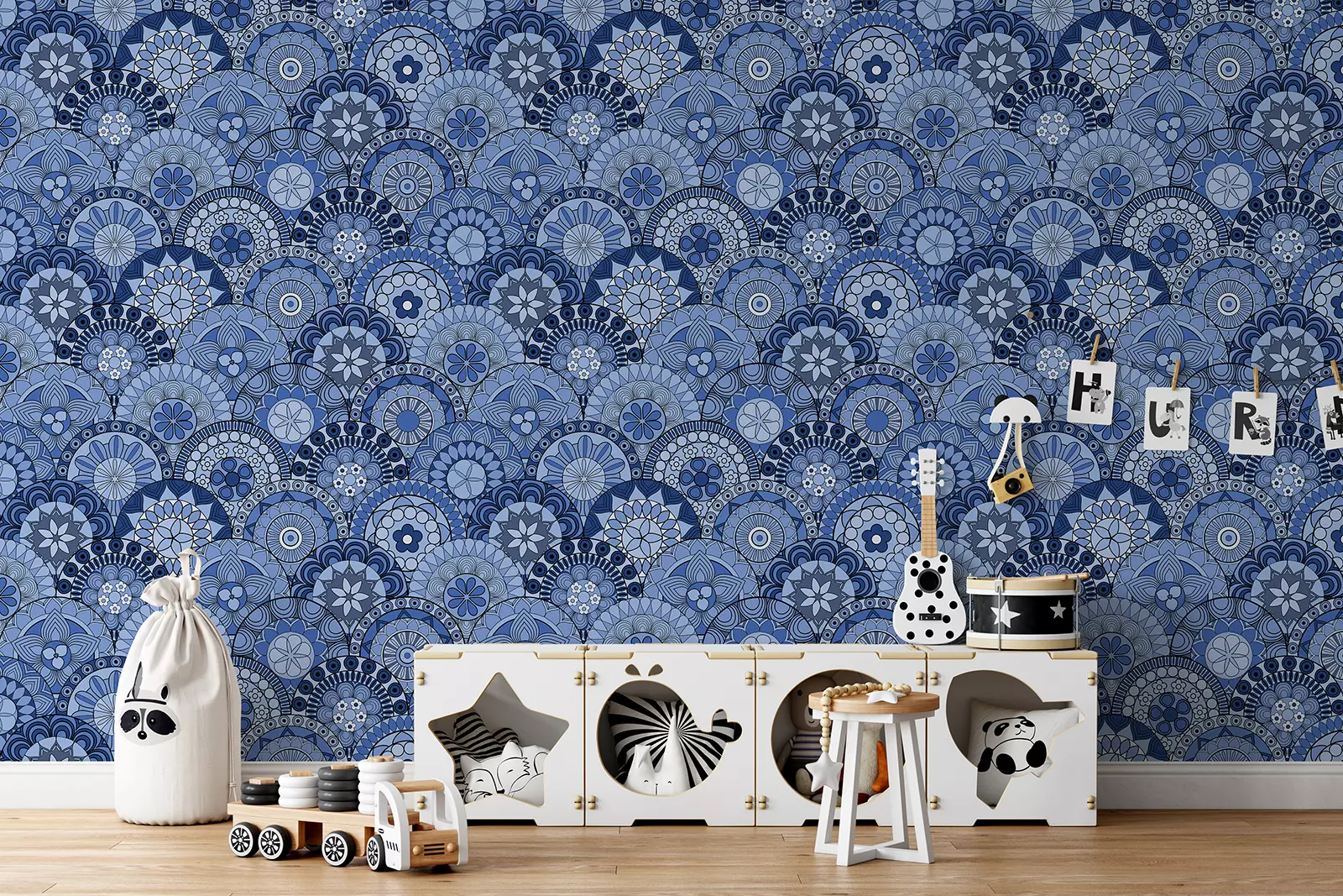 Blue Mandala Pattern – Sober and Elegant Wall Design for Grey & Blue Interiors, merawalaprint. mera wala print