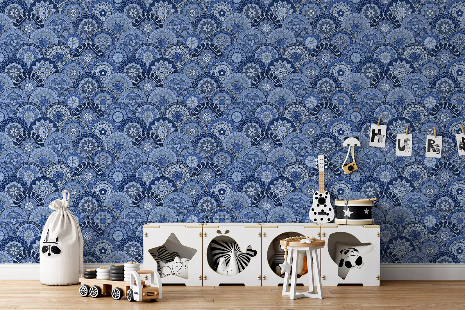 Blue Mandala Pattern – Sober and Elegant Wall Design for Grey & Blue Interiors, merawalaprint. mera wala print