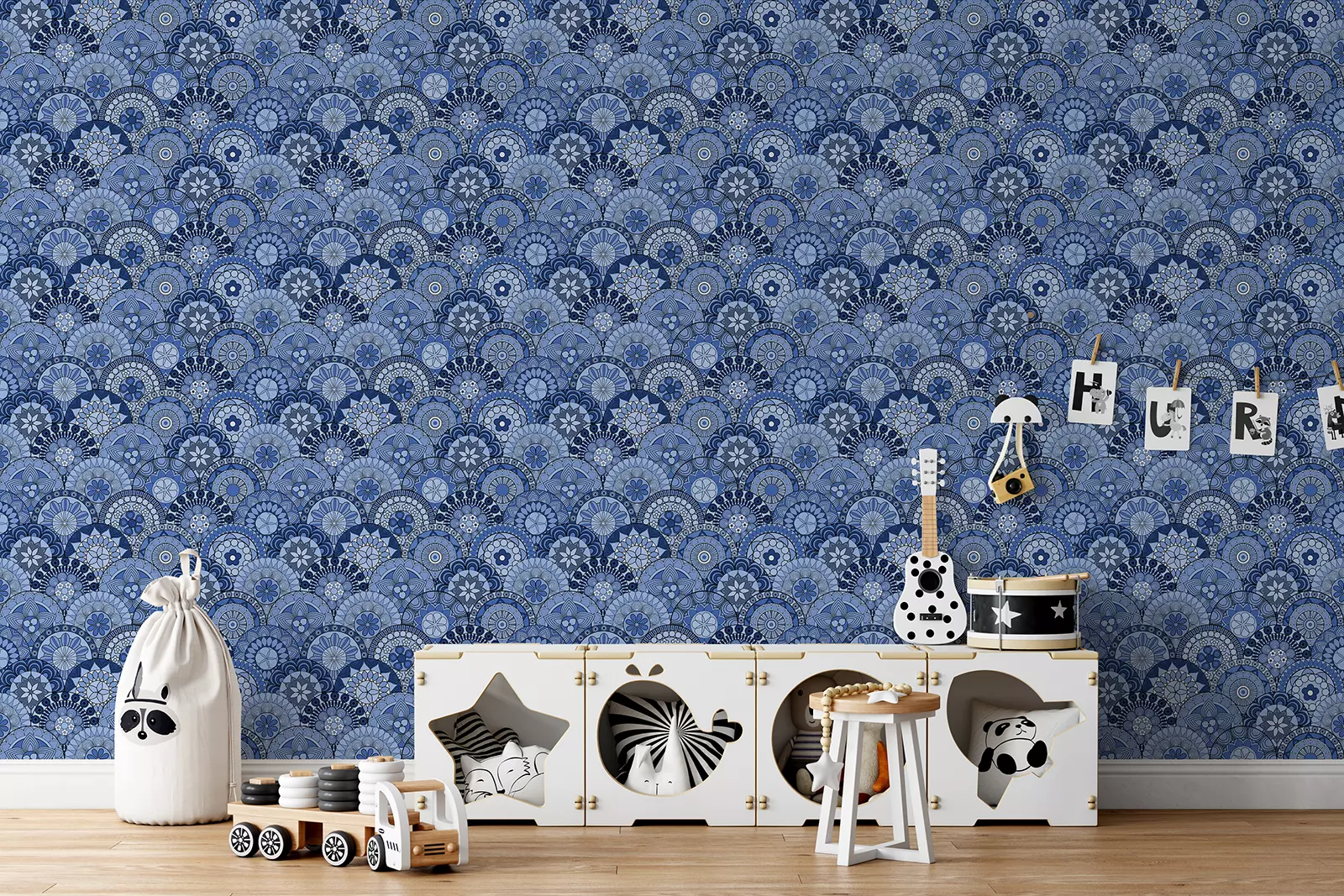 Blue Mandala Pattern – Sober and Elegant Wall Design for Grey & Blue Interiors, merawalaprint. mera wala print