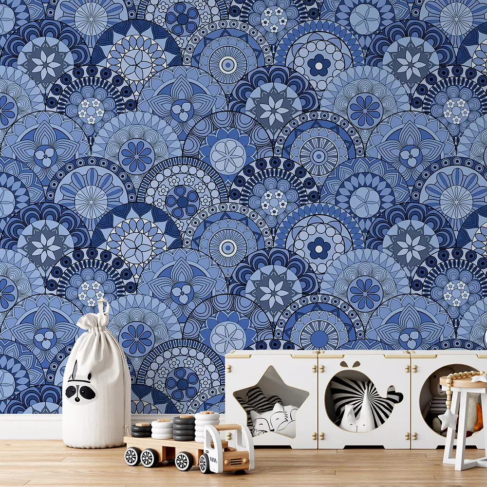 Blue Mandala Pattern – Sober and Elegant Wall Design for Grey & Blue Interiors, merawalaprint. mera wala print