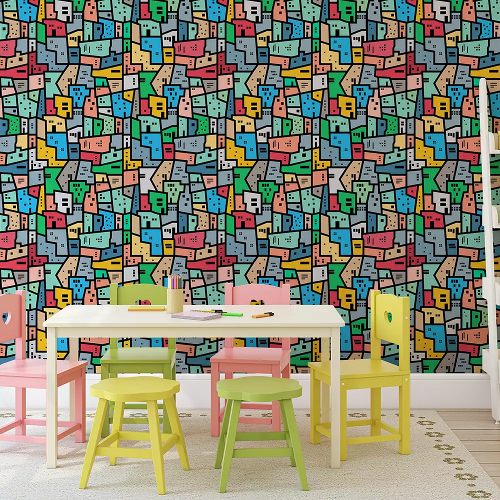 Brazilian Favela Seamless Pattern – Abstract Colourful City Block Design, merawalaprint. mera wala print