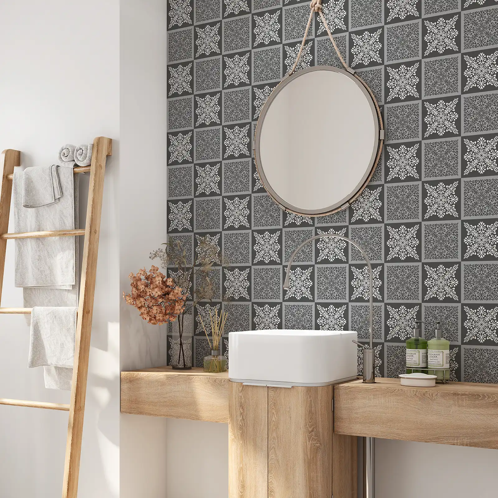 Peel and stick tile stickers - Grey And White Flower