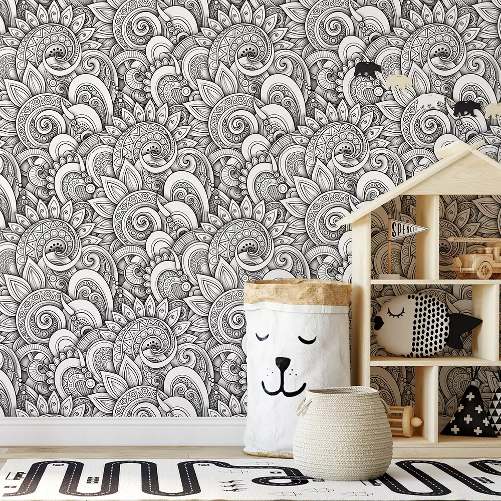Monochrome Layered Motifs Wallpaper – Black & White Pattern with Embossed Depth, merawalaprint. mera wala print