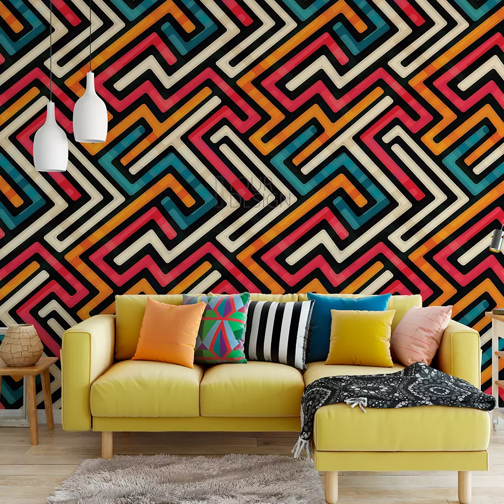Neon Maze Wallpaper – Bright Modern Geometric Wall Pattern, merawalaprint. mera wala print