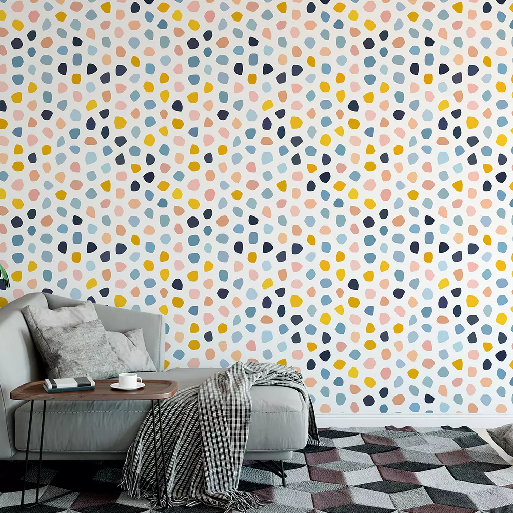 Polka Stones Wallpaper – Pastel Polka Dot Seamless Pattern with Round Polygon Stone Texture