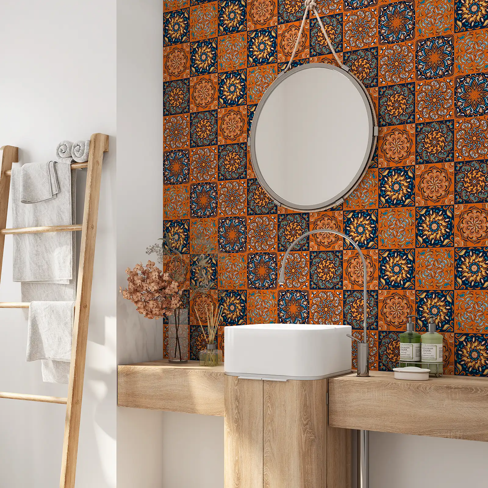 Peel and stick tile stickers - Orange And Blue Moroccan
