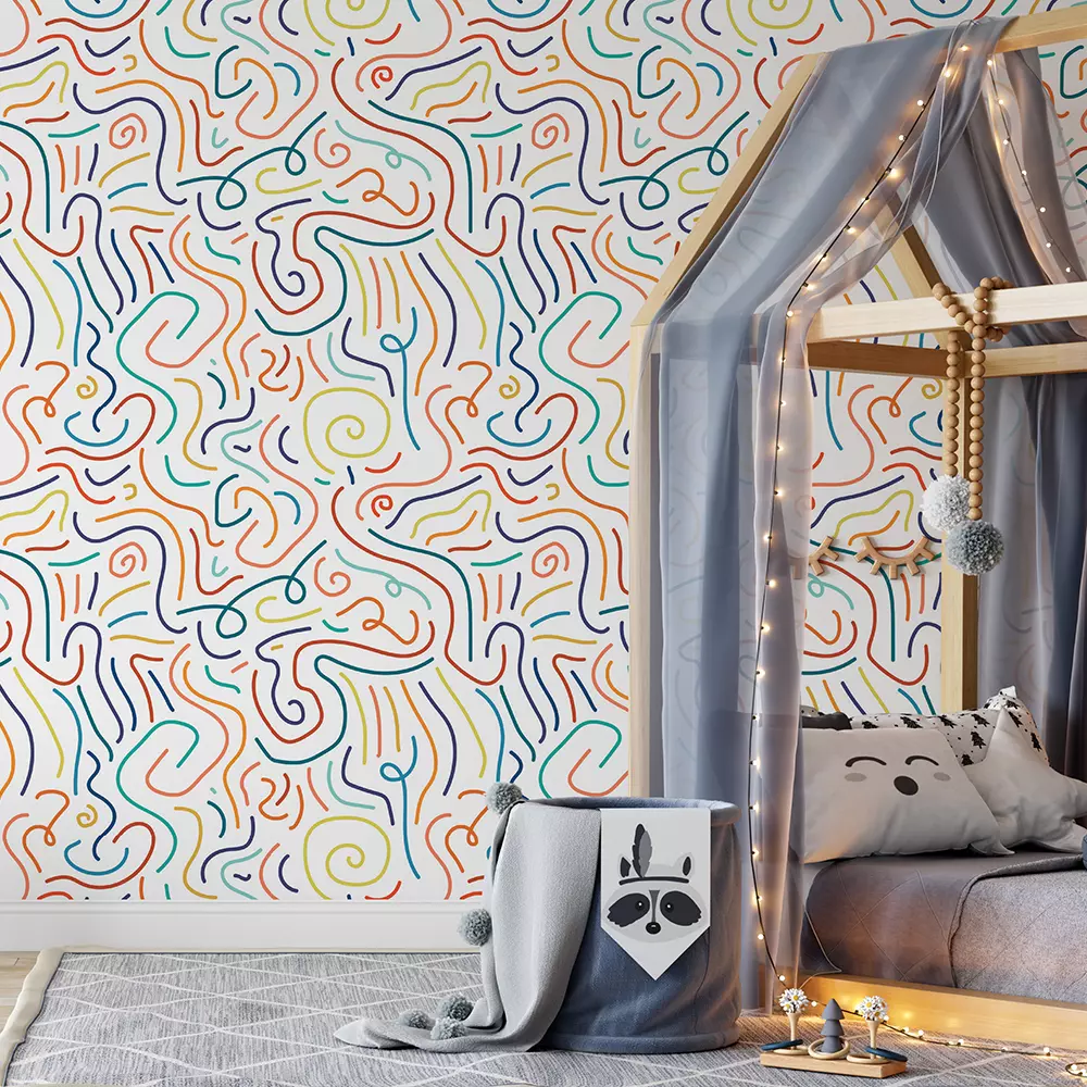 Sketch Pen Curves Wallpaper – Hand-Drawn Colorful Curve Pattern for Kids Rooms