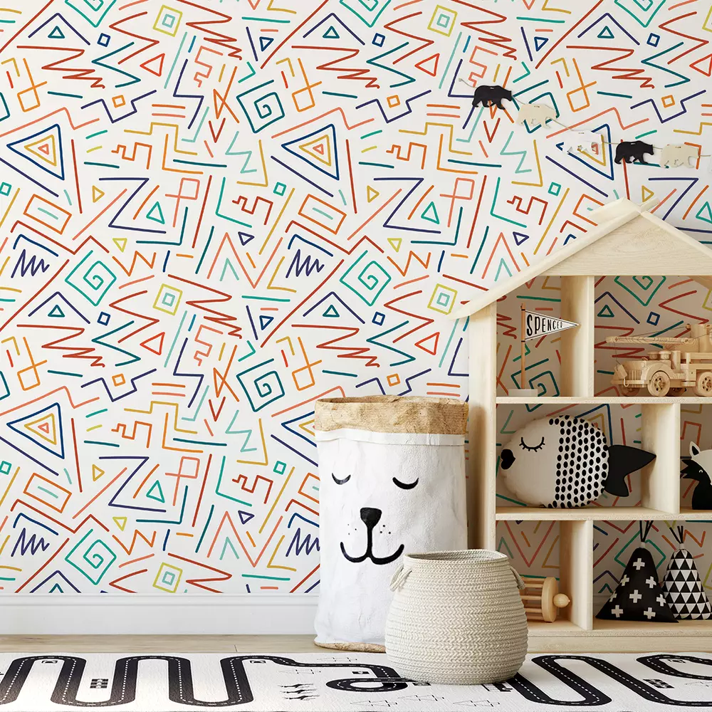 Sketch Pen Geometrical Shapes Wallpaper – Hand-Drawn Colorful Pattern for Kids Rooms
