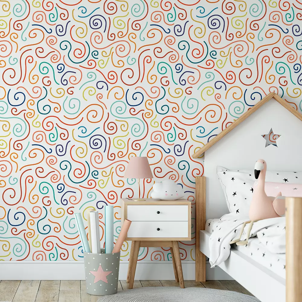 Sketch Pen Swirls Wallpaper – Hand-Drawn Colorful Curls for Kids Rooms
