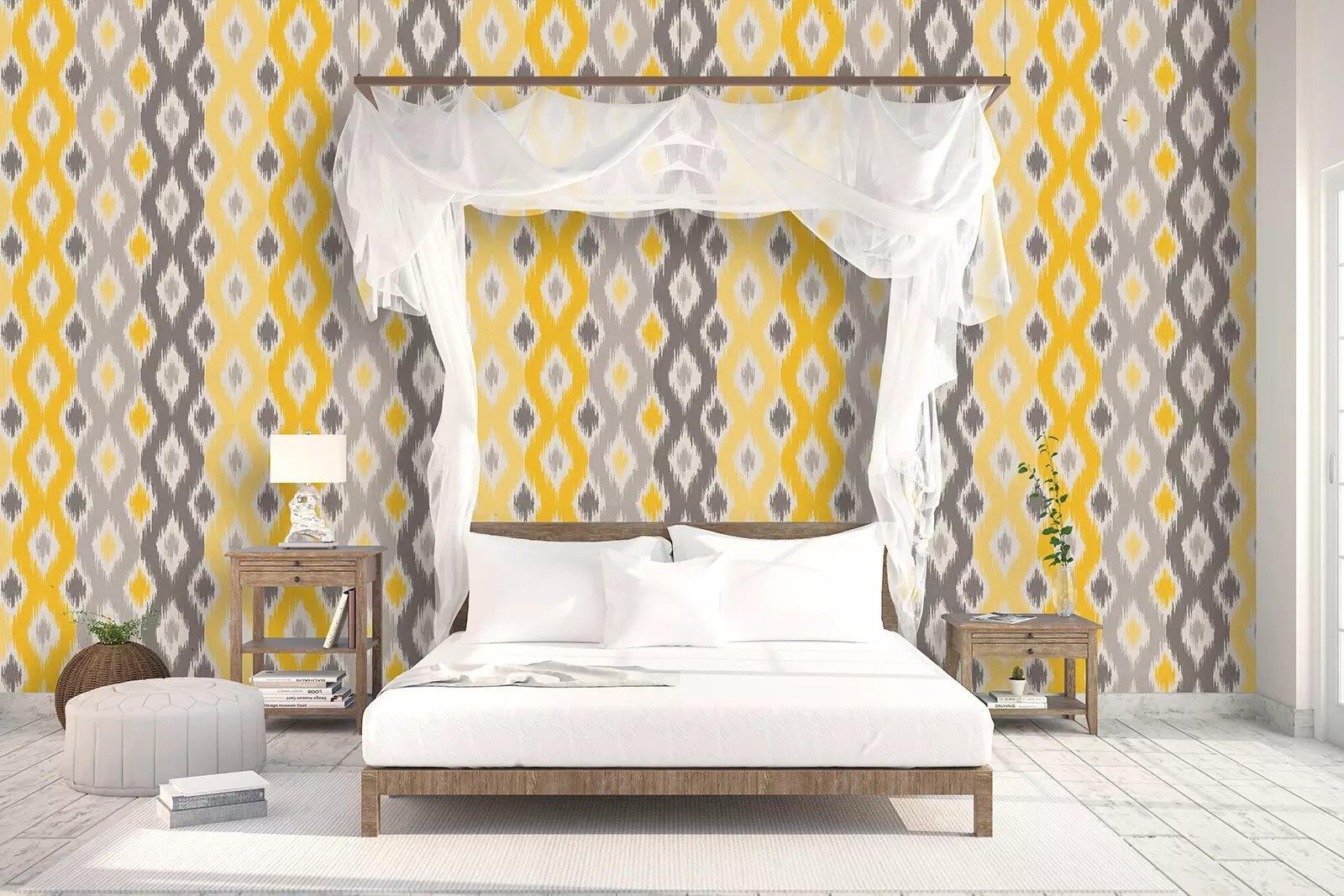 Yellow Ikat Fabric Wallpaper – Ethnic-Inspired Seamless Pattern for Vibrant Interiors, merawalaprint. mera wala print