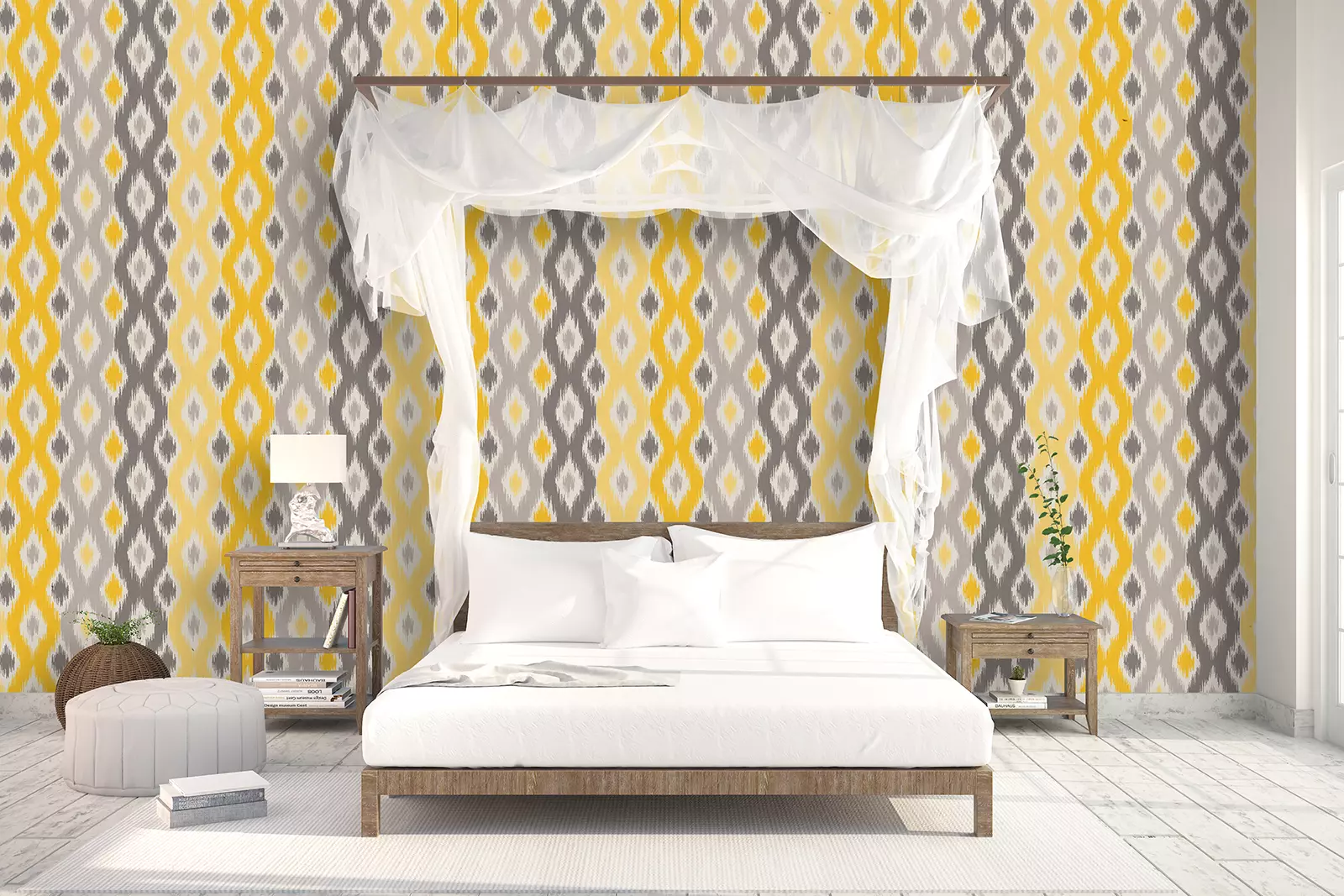 Yellow Ikat Fabric Wallpaper – Ethnic-Inspired Seamless Pattern for Vibrant Interiors, merawalaprint. mera wala print
