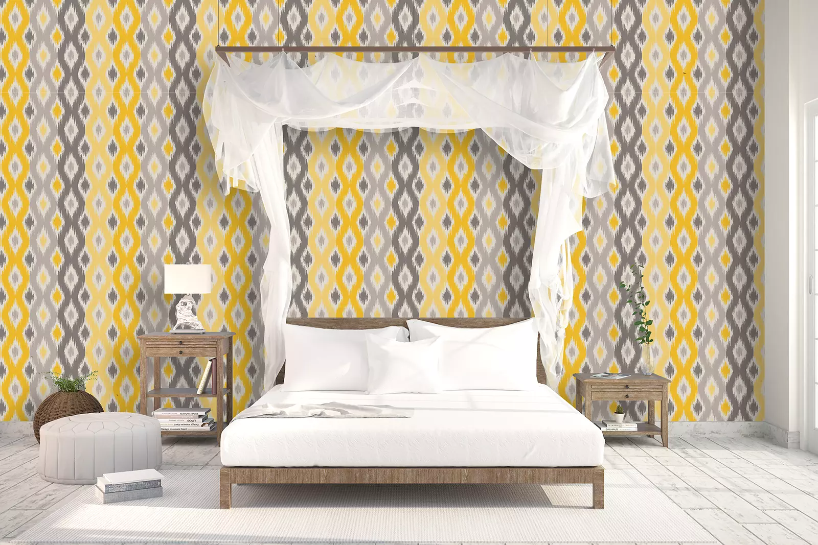 Yellow Ikat Fabric Wallpaper – Ethnic-Inspired Seamless Pattern for Vibrant Interiors, merawalaprint. mera wala print