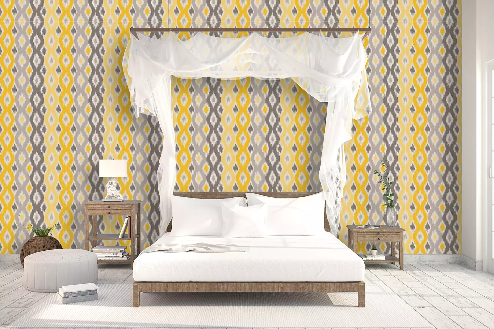 Yellow Ikat Fabric Wallpaper – Ethnic-Inspired Seamless Pattern for Vibrant Interiors, merawalaprint. mera wala print