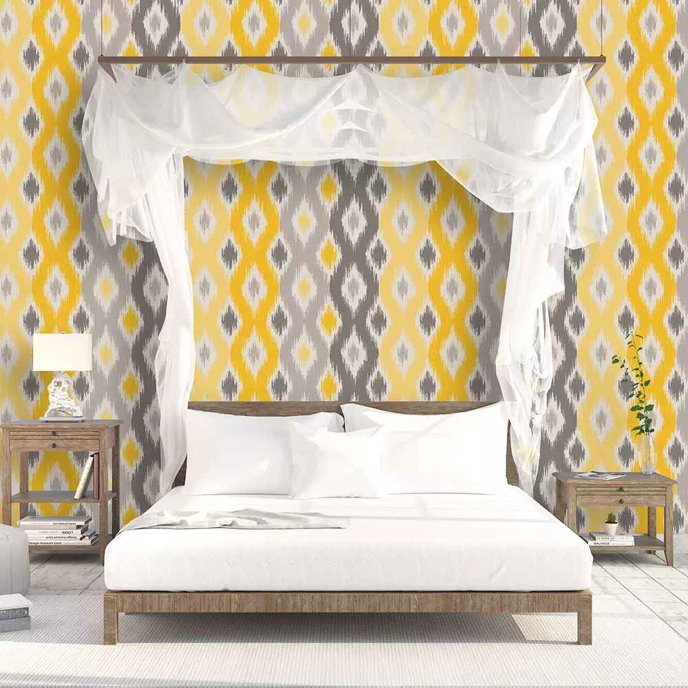 Yellow Ikat Fabric Wallpaper – Ethnic-Inspired Seamless Pattern for Vibrant Interiors, merawalaprint. mera wala print