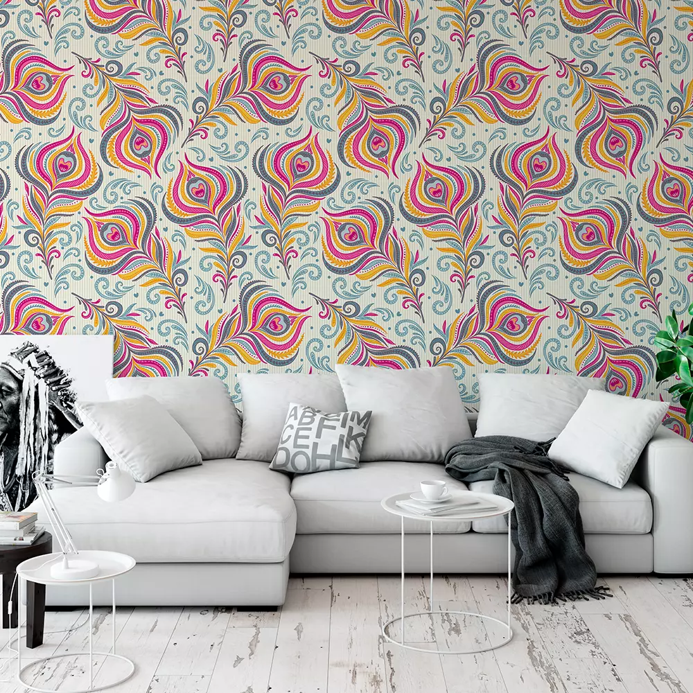 Peacock Feather Wallpaper – Elegant Mor Pankh Spiritual Wall Covering,merawalaprint. mera wala print
