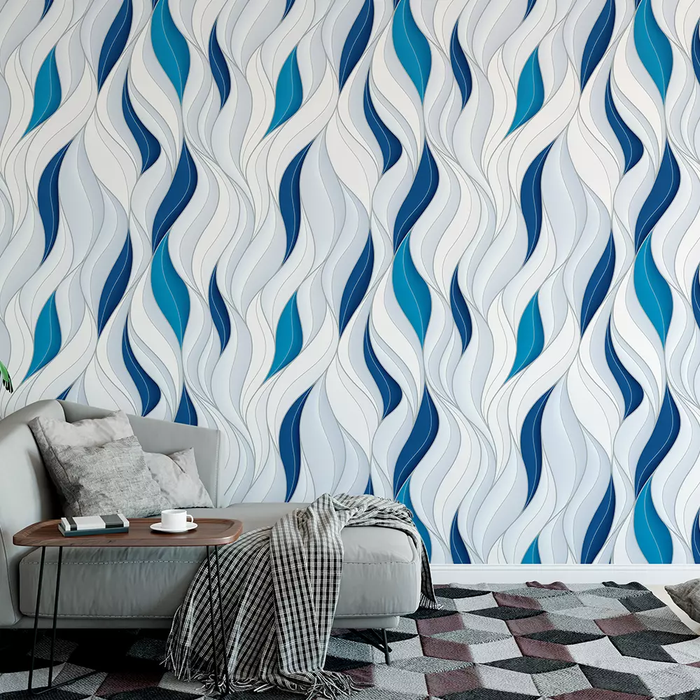 3D Volumetric Waves Wallpaper – White and Blue Seamless Pattern for Wall Décor