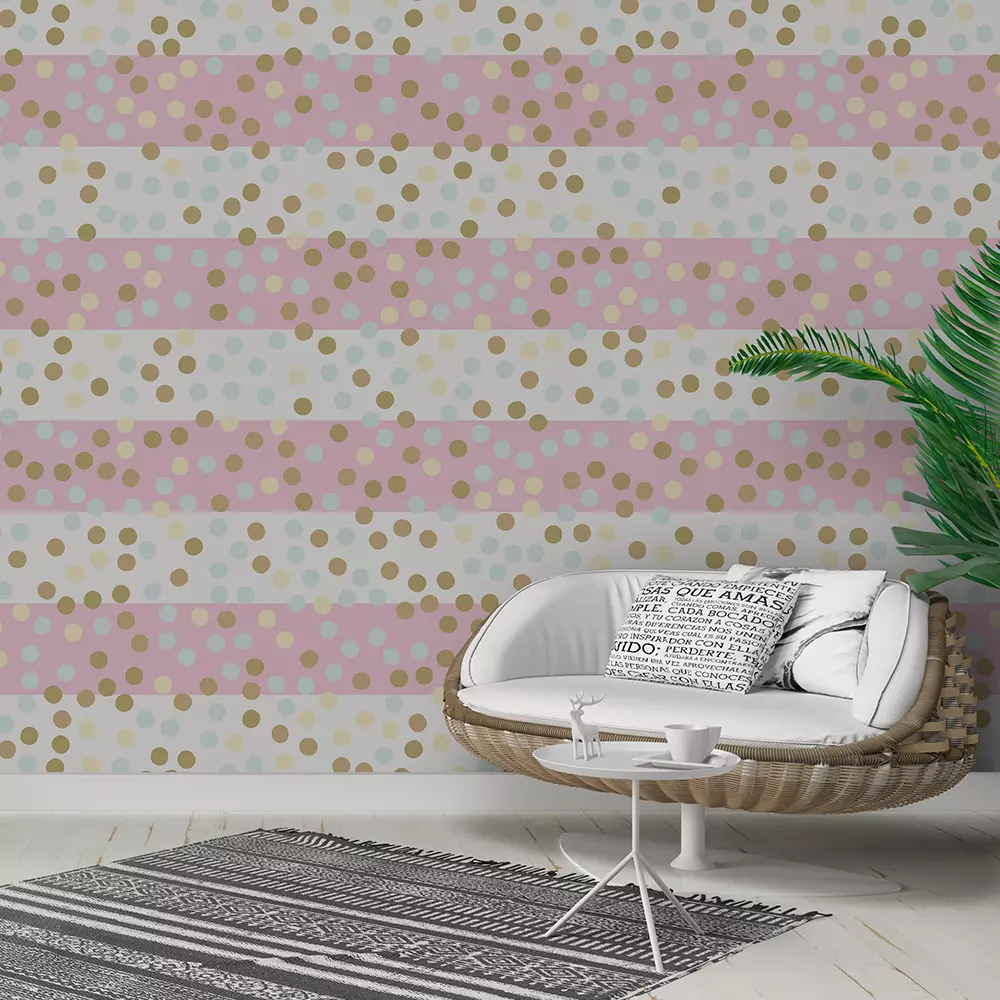 Polka Dot with Glitters Wallpaper – Gold Glitter Polka Dots on Pink Stripes for Kids Rooms