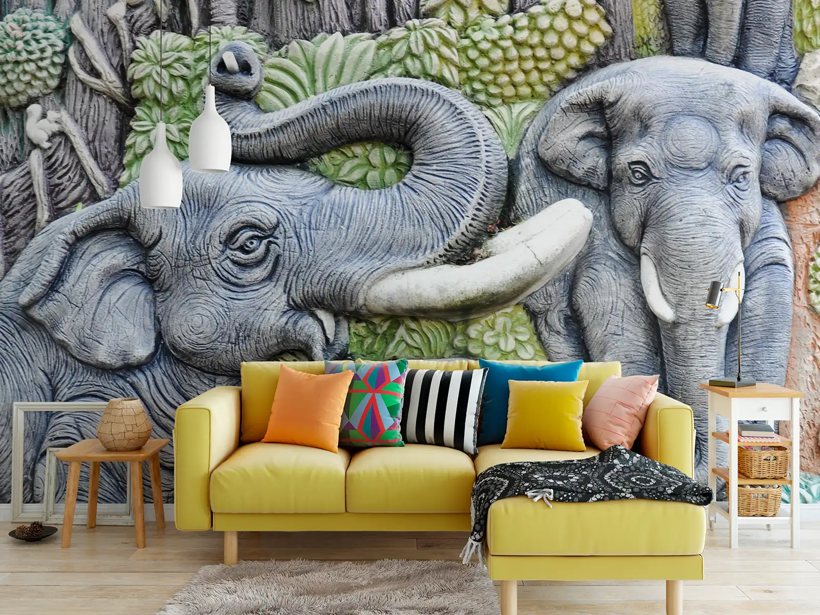 Blue Elephant 3D Wall Mural – Artistic Cement Sculpture for Nature-Inspired Décor, merawalaprint. mera wala print