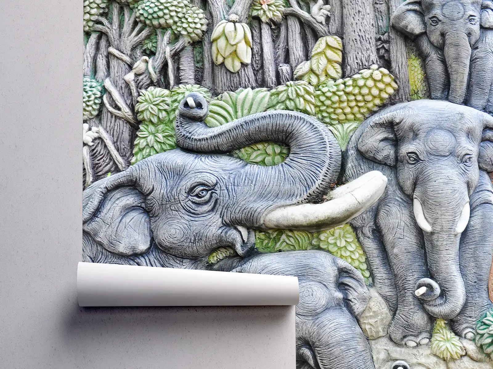 Blue Elephant 3D Wall Mural – Artistic Cement Sculpture for Nature-Inspired Décor, merawalaprint. mera wala print
