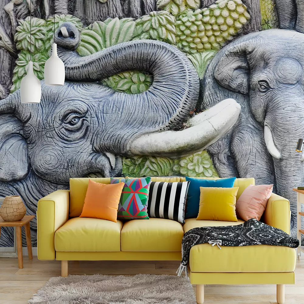Blue Elephant 3D Wall Mural – Artistic Cement Sculpture for Nature-Inspired Décor, merawalaprint. mera wala print