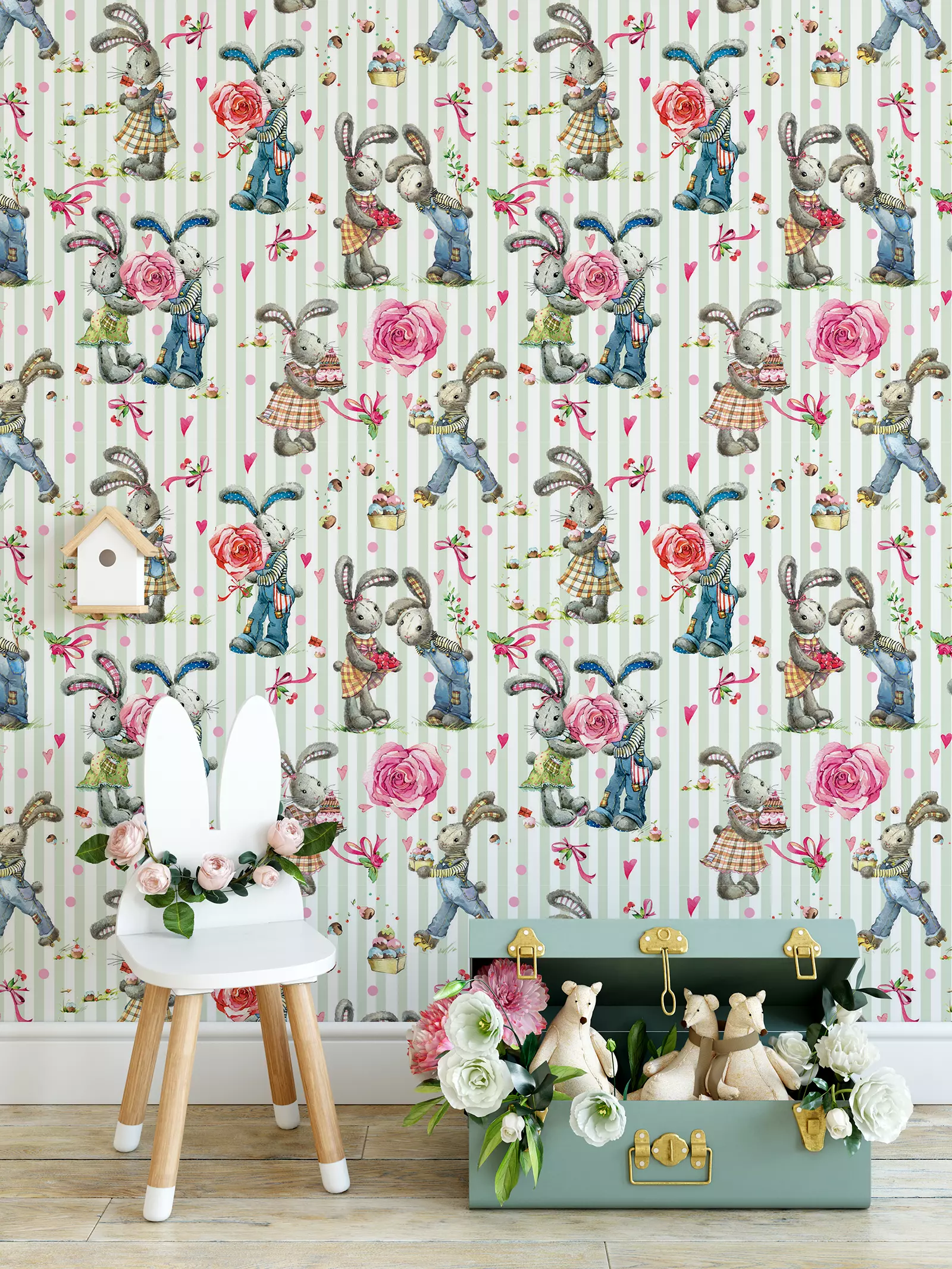 Cute Bunny. Seamless Pattern with rabbit Watercolor background-thumbnail