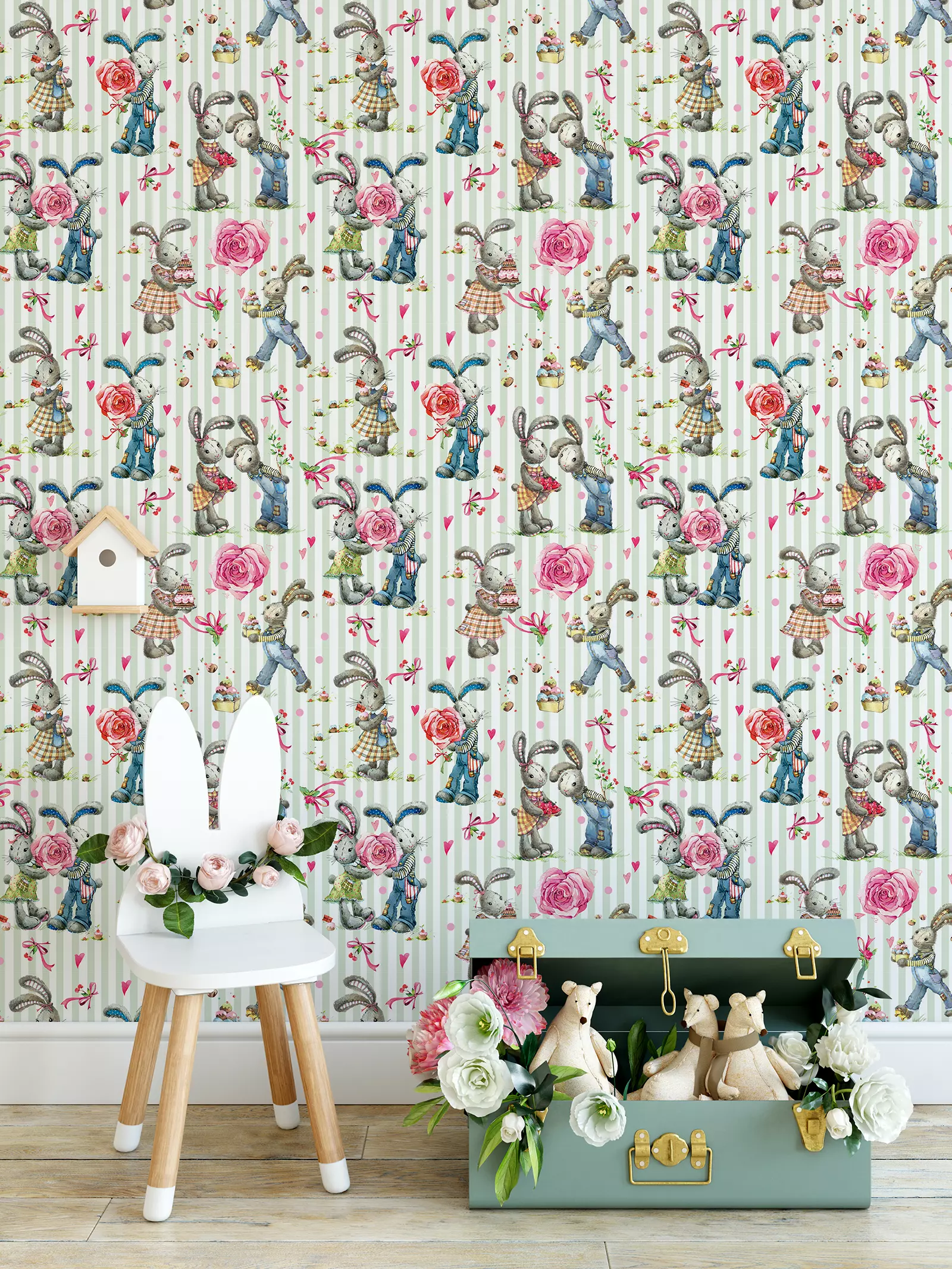 Cute Bunny. Seamless Pattern with rabbit Watercolor background-thumbnail