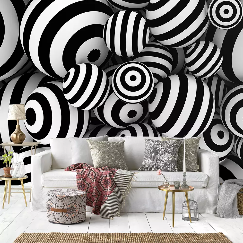 3D Balls Wallpaper – White Abstract Background with Black Lines