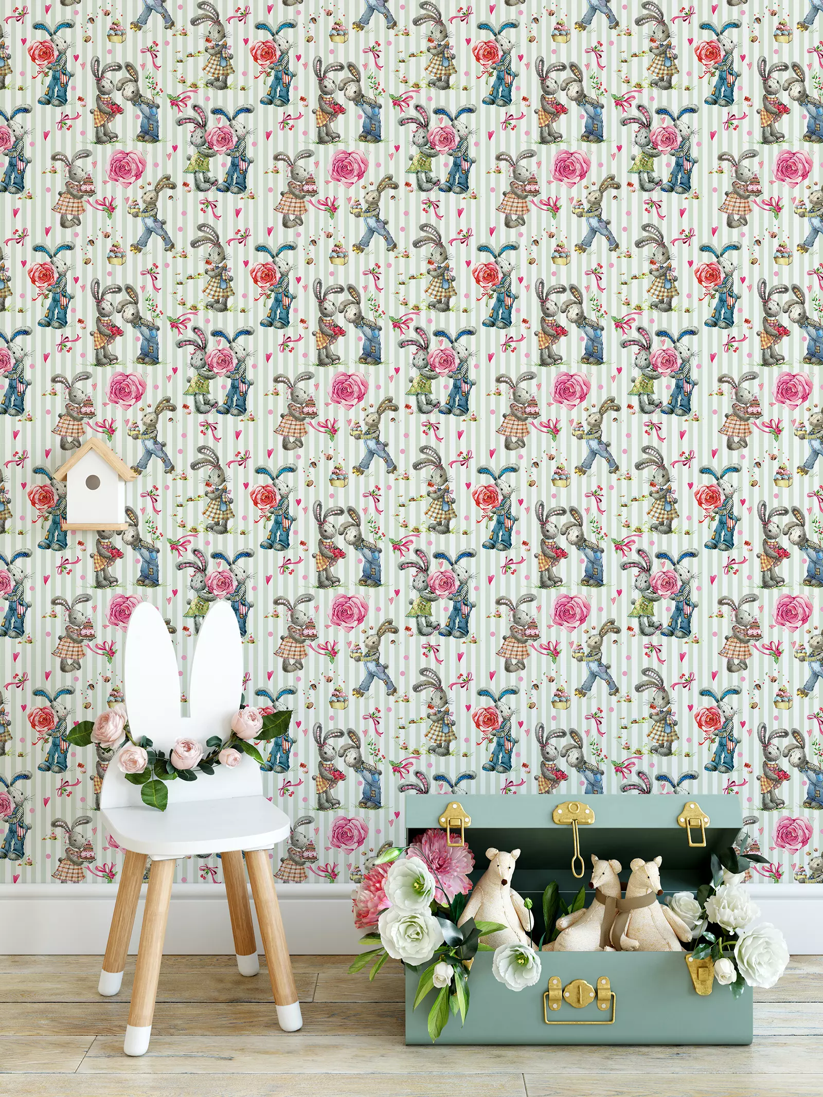 Cute Bunny. Seamless Pattern with rabbit Watercolor background-thumbnail