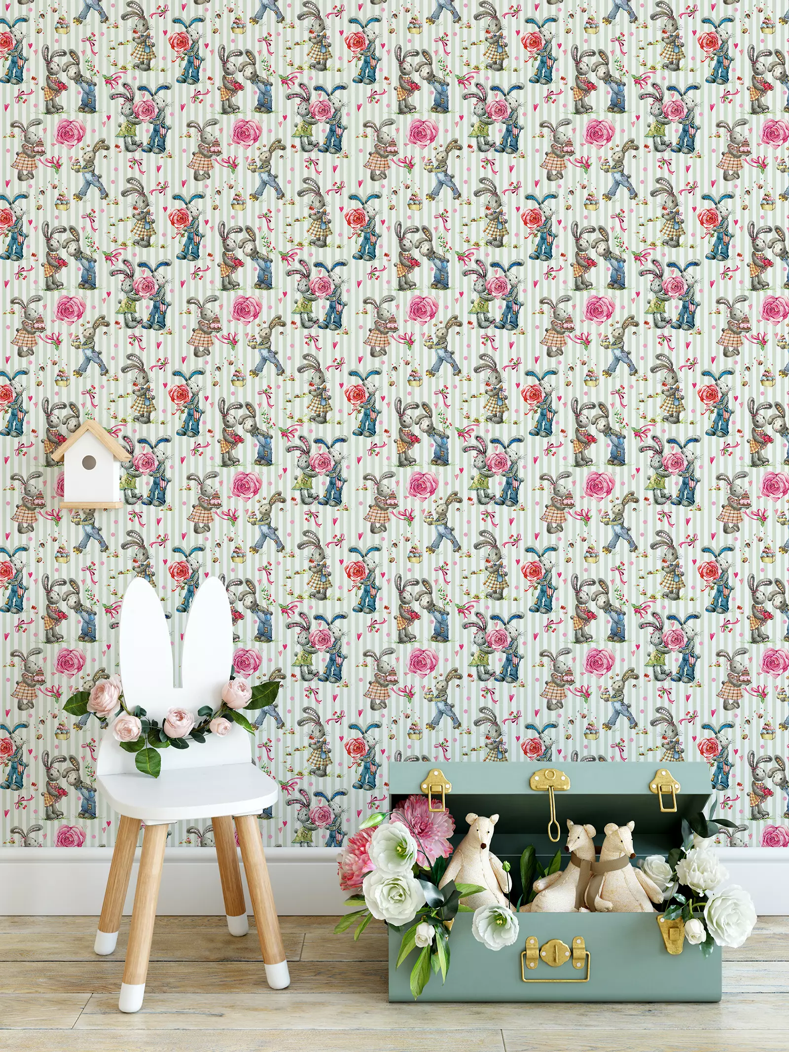 Cute Bunny. Seamless Pattern with rabbit Watercolor background