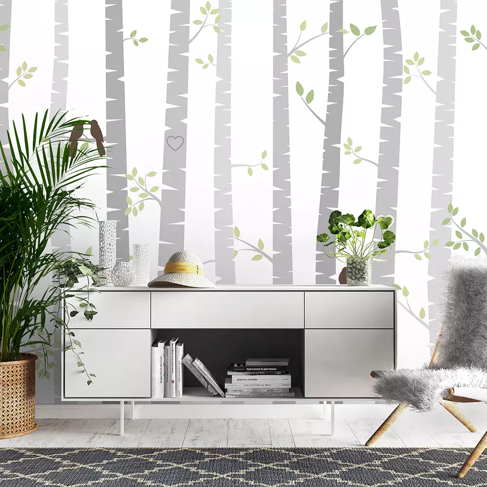 Autumn Love Birds Wallpaper – Birch & Aspen Trees with Autumn Leaves