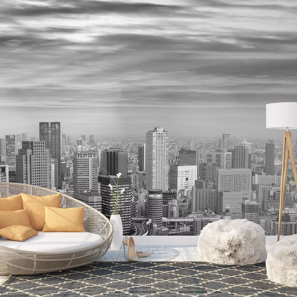 Osaka Skyline Wallpaper - Black & White Panoramic Sunset Cityscape