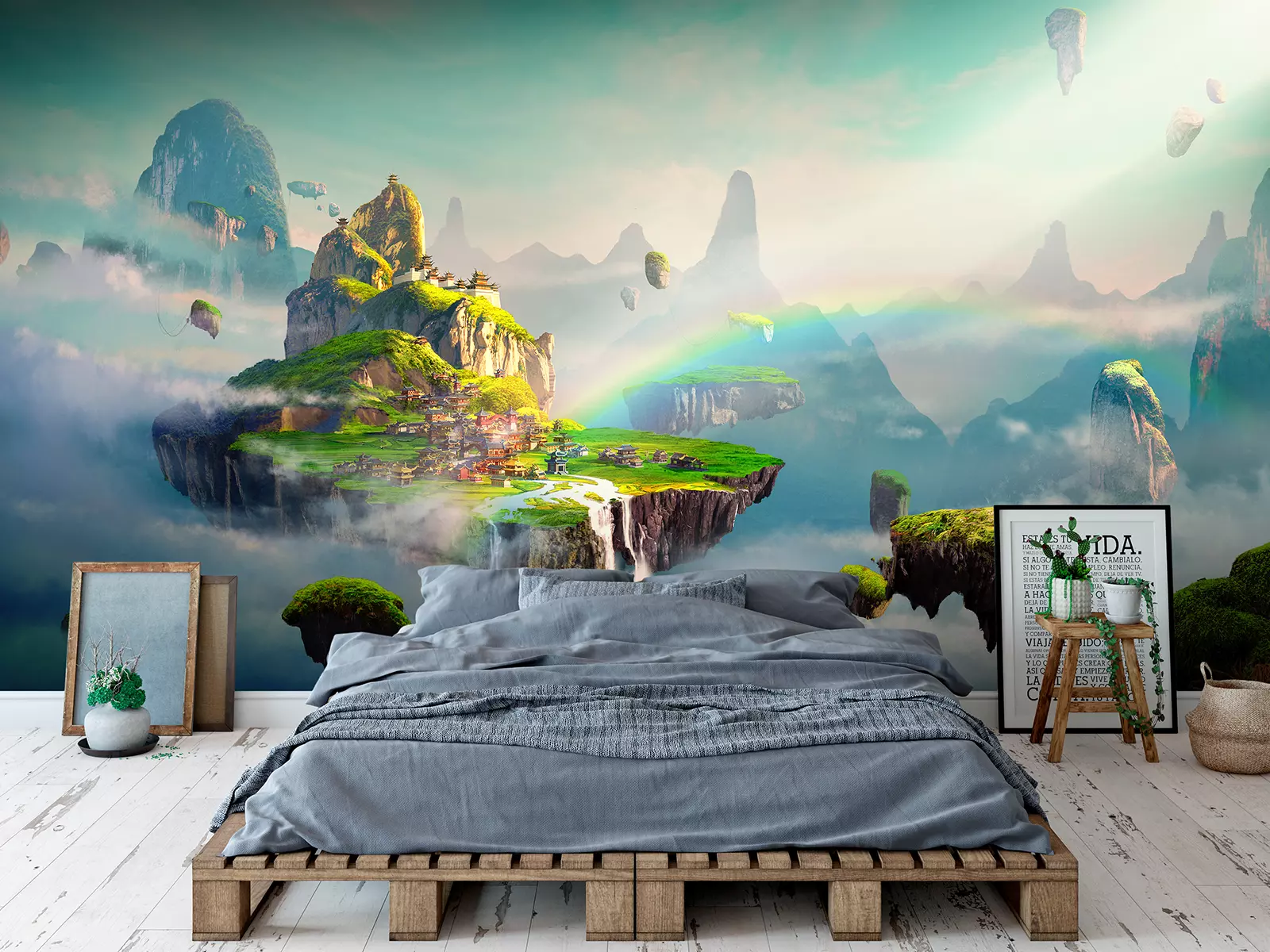 Chinese‑style fantasy scene rendered in 3D, showing a dreamlike landscape with ornate rooftops, mist‑covered mountains, floating platforms, and soft pastel hues, created as a decorative mural‑style digital artwork for wall décor and large‑format prints.